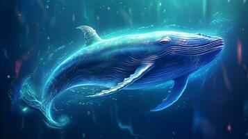 Fantasy blue whale in the deep sea.Generative Ai. photo