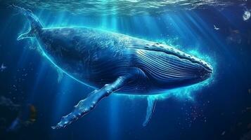 Fantasy blue whale in the deep sea.Generative Ai. photo