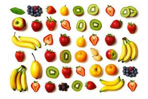 Mixed fruit, orange, banana,kiwi,apple, berry, avocado, strawberry isolated on white background.Generative Ai. photo