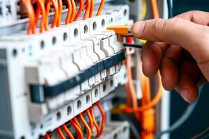 Electrician installing electrical wires and fuse switch box.Generative Ai. photo