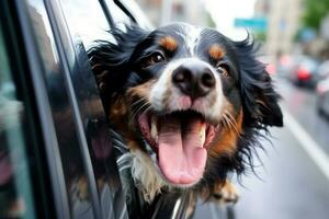 Happy dog with head out of the car window.Generative Ai. photo