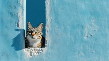 American Shorthair cat emerges from blue wall.Generative Ai. photo