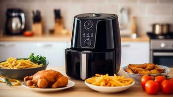 Air fryer on wooden table in modern kitchen.Generative Ai. photo