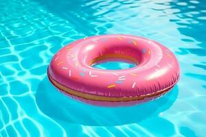 Rubber ring pink donut shaped float in a pool.Generative Ai. photo