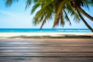 Wooden table with beach and sea background.Generative Ai. photo