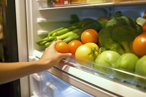 Woman opening a refrigerator full of fruits and vegetables.Generative Ai. photo