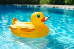 Rubber ring duck shaped float in a pool.Generative Ai. photo