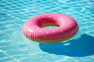 caucho anillo rosado rosquilla conformado flotador en un piscina.generativa ai. foto