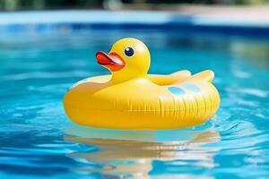 Rubber ring duck shaped float in a pool.Generative Ai. photo