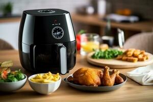 Air fryer on wooden table in modern kitchen.Generative Ai. photo