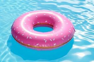 Rubber ring pink donut shaped float in a pool.Generative Ai. photo