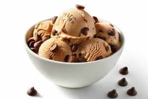 Chocolate ice cream almonds and chocolate Chips with wafer in the bowl isolated on white background.Generative Ai. photo