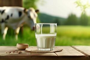 Fresh milk  on wooden  with grass field and cows background.Generative Ai. photo
