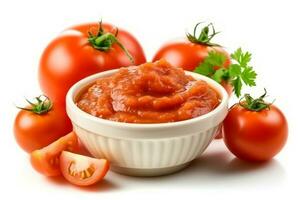 Fresh tomatoes with ketchup isolated on white background.Generative Ai. photo