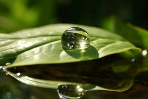 Drop water on green leaf.Generative Ai. photo