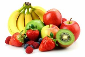 Mixed fruit, orange, banana,kiwi,apple, berry, avocado, strawberry isolated on white background.Generative Ai. photo