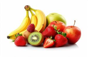 Mixed fruit, orange, banana,kiwi,apple, berry, avocado, strawberry isolated on white background.Generative Ai. photo