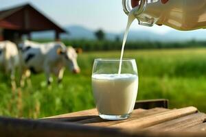 Fresco Leche en de madera con césped campo y vacas fondo.generativo ai. foto