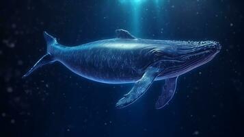 Fantasy blue whale in the deep sea.Generative Ai. photo