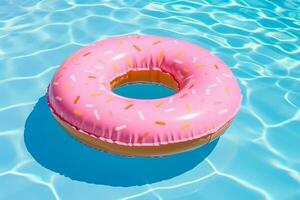 Rubber ring pink donut shaped float in a pool.Generative Ai. photo