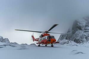 Snow mountain rescue helicopter is taking off.Generative Ai. photo