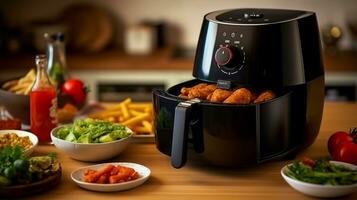 Air fryer on wooden table in modern kitchen.Generative Ai. photo