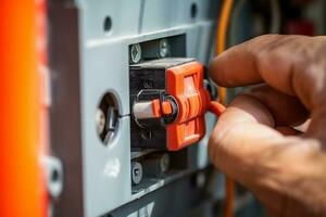 Electrician installing electrical wires and fuse switch box.Generative Ai. photo