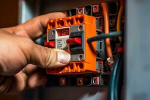 Electrician installing electrical wires and fuse switch box.Generative Ai. photo