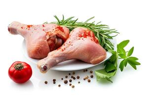 Raw chicken legs with spices  isolated on white background.Generative Ai. photo