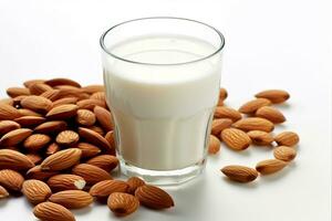 Almond milk with almond isolated on white background.Generative Ai. photo