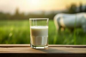 Fresco Leche en de madera con césped campo y vacas fondo.generativo ai. foto