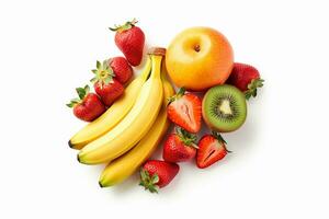 mezclado fruta, naranja, plátano, kiwi, manzana, baya, palta, fresa aislado en blanco fondo.generativo ai. foto