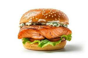 Burger salmon isolate on white background.Generative Ai. photo