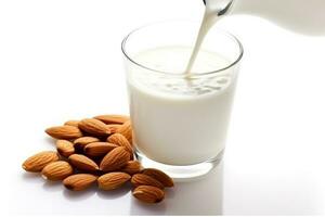 Almond milk with almond isolated on white background.Generative Ai. photo