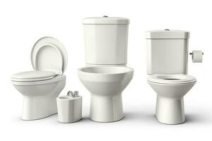 Set of toilet bowls isolated on white background .Generative Ai. photo
