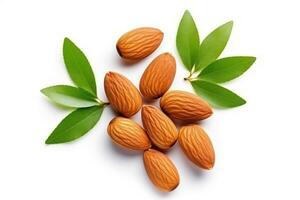 Almonds and leaf isolated on white background.Generative Ai. photo