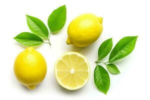 Top view lemon with leaf isolated on white background.Generative Ai. photo