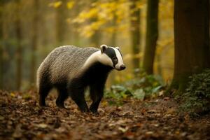 European badger walking in the forest.Generative Ai. photo