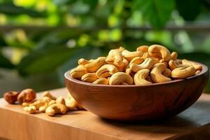 Cashew nuts in the wooden bowl with garden background.Generative Ai. photo