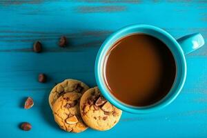 Coffee cup and cookie chocolate on blue wooden background.Generative Ai. photo