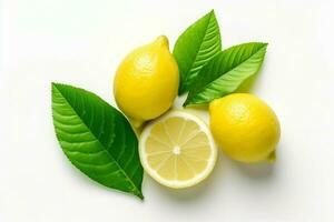 Top view lemon with leaf isolated on white background.Generative Ai. photo