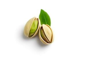 Pistachio and leaf isolated on white background .Generative Ai. photo