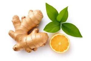 Ginger and leaf isolated on white background .Generative Ai. photo