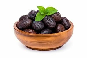 Dried prunes in wooden bowl isolated on white background.Generative Ai. photo