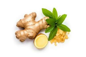 Ginger and leaf isolated on white background .Generative Ai. photo