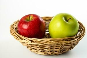 Green apple and red apple in wicker basket isolated on white background.Generative Ai. photo