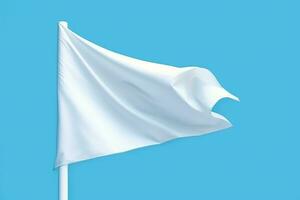 White flag waving isolated on blue pastel background.Generative Ai. photo