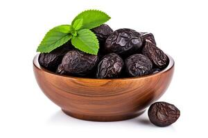 Dried prunes in wooden bowl isolated on white background.Generative Ai. photo