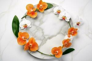 Top view marble circle on white background with orchid flower.Generative Ai. photo