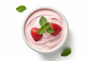 Top view strawberry yogurt isolated on white background.Generative Ai. photo